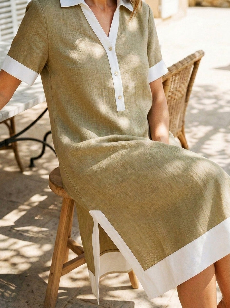 Women’s Color Block Collar Half Button Side Slit Cotton Linen Shirt Midi Dress With Pockets