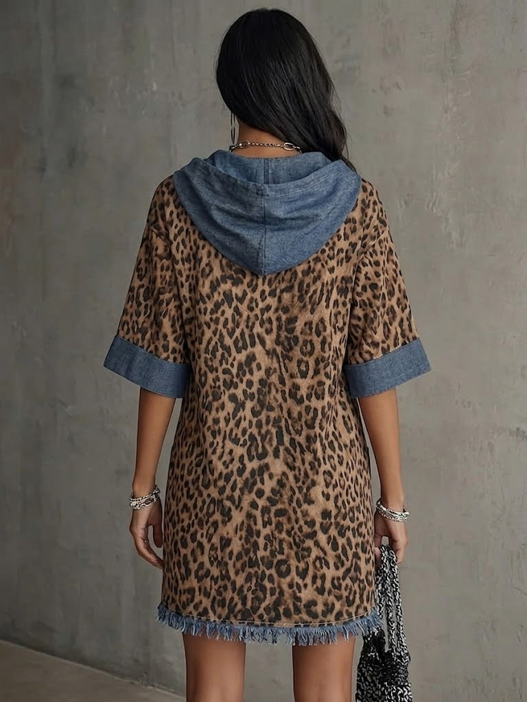 Casual Leopard-print Panel Denim Hoodie Dress
