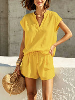 Women's Solid Color Art Stylish Casual Short Sleeve Top And Pants Breathable Two-piece Set