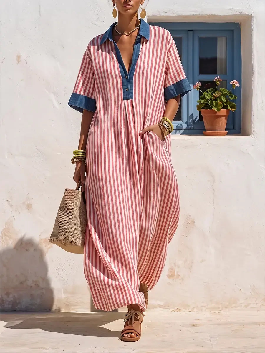 Chic Linen Striped Denim Trim Maxi Dress
