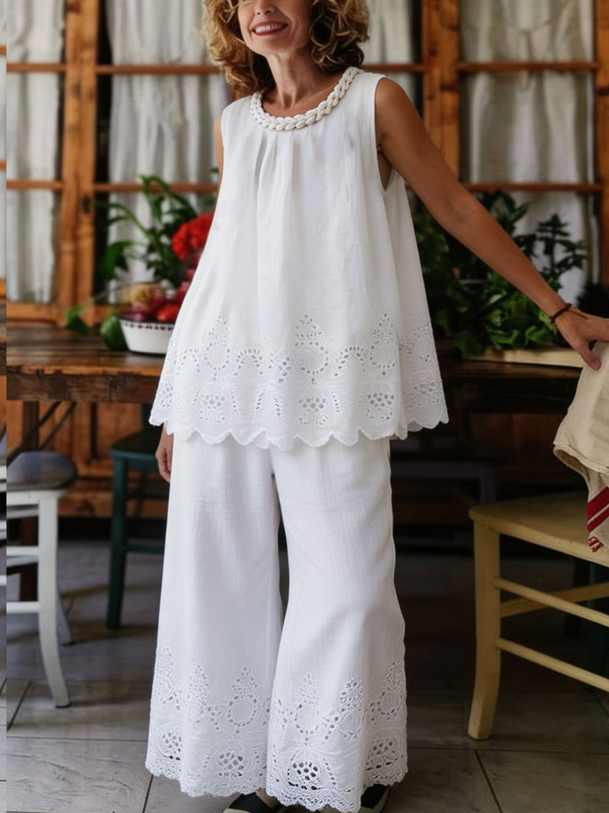 Womens Braided Neck Eyelet Embroidery Sleeveless Cotton Linen Two Piece Pant Set