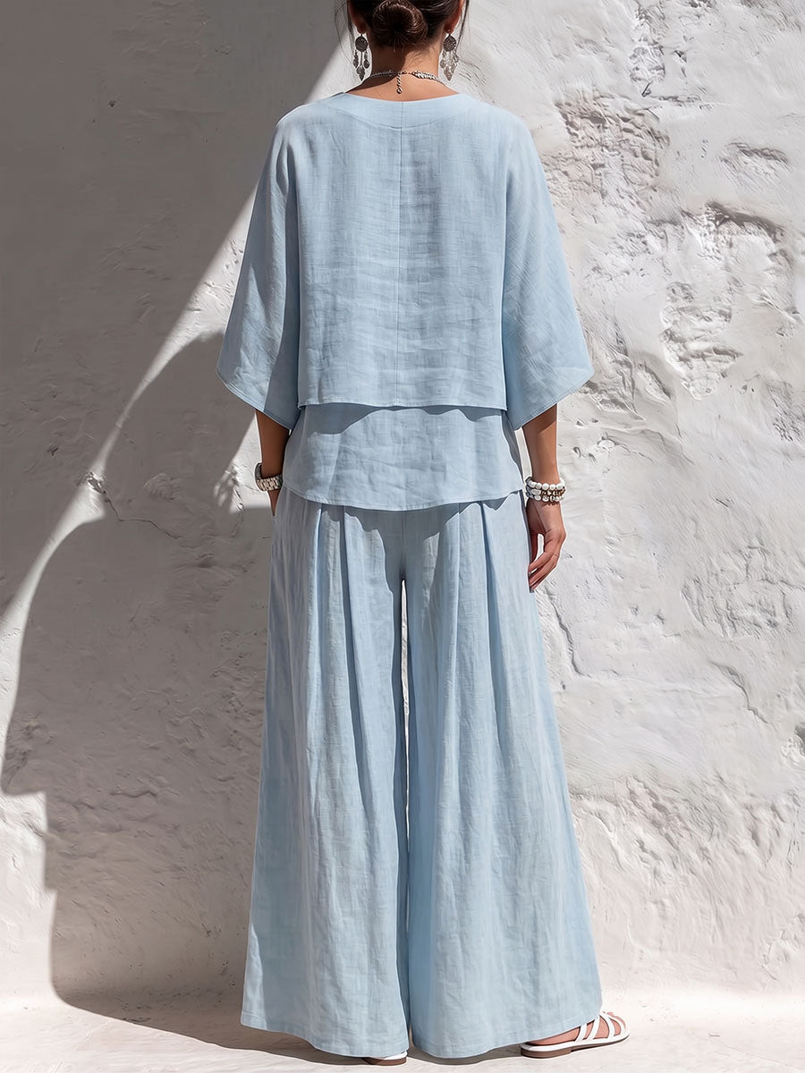 Women's Solid-color Cotton-linen Set: Casual Loose V-neck 3/4-sleeve Top And High-waisted Wide-leg Pants