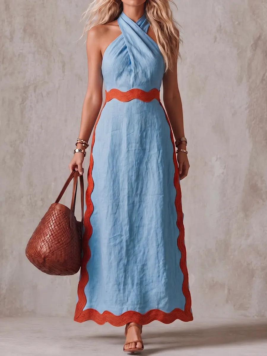 Elegant Linen-Blend Scalloped Halter Maxi Dress