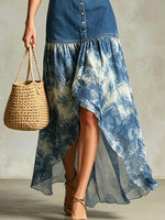 Women's Retro Lapel Denim Patchwork Elegant Art Casual Maxi Dress