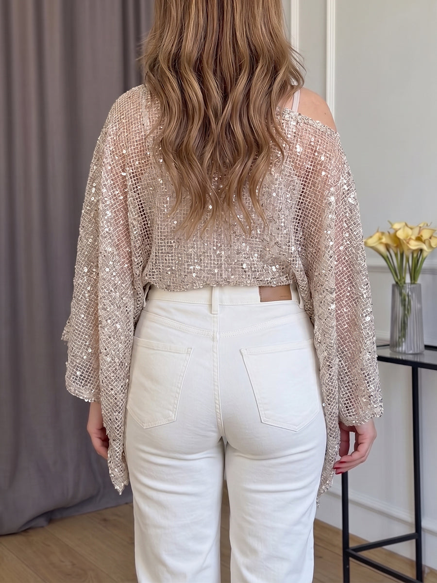 Women's Off-shoulder Irregular Hem Sequined Mesh Party Top