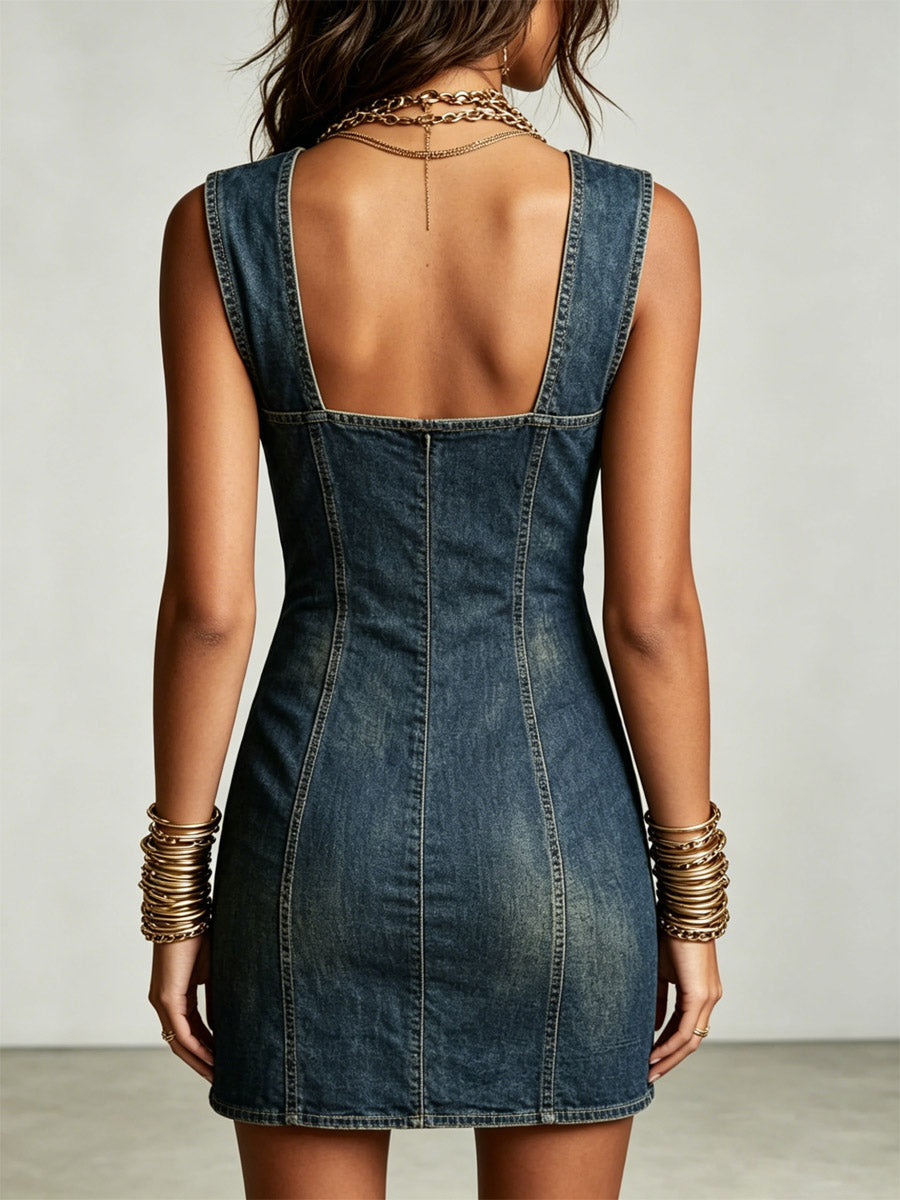 Women's Button Art Chic Casual Stylish Mini Denim Dress