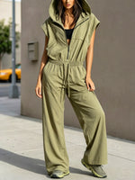 Women's Casual Loose Zip Hooded Sleeveless Pockets Jumpsuit