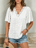 Short-sleeve Casual V-neck Swiss Dot Blouse With Lace Trim