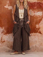 Vintage-style Bohemian Casual Sleeveless Cardigan And Trousers Two-piece Set In A Linen-cotton Blend.