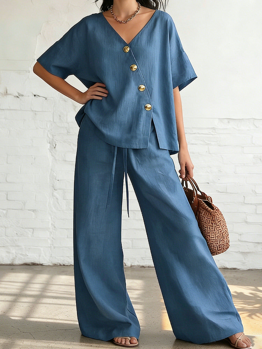 Women's Solid Color Casual Stylish Top And Wide Leg Pants Two-piece Set