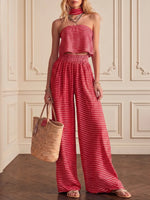 Effortless Striped Crop Top & Wide-leg Trouser Set(includes Neck Gaiter)
