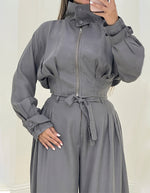 Women's Two-piece Casual Utility Set Featuring A Short, Stand-collar Zip-up Jacket And Wide-leg Trousers With A Tie-waist.