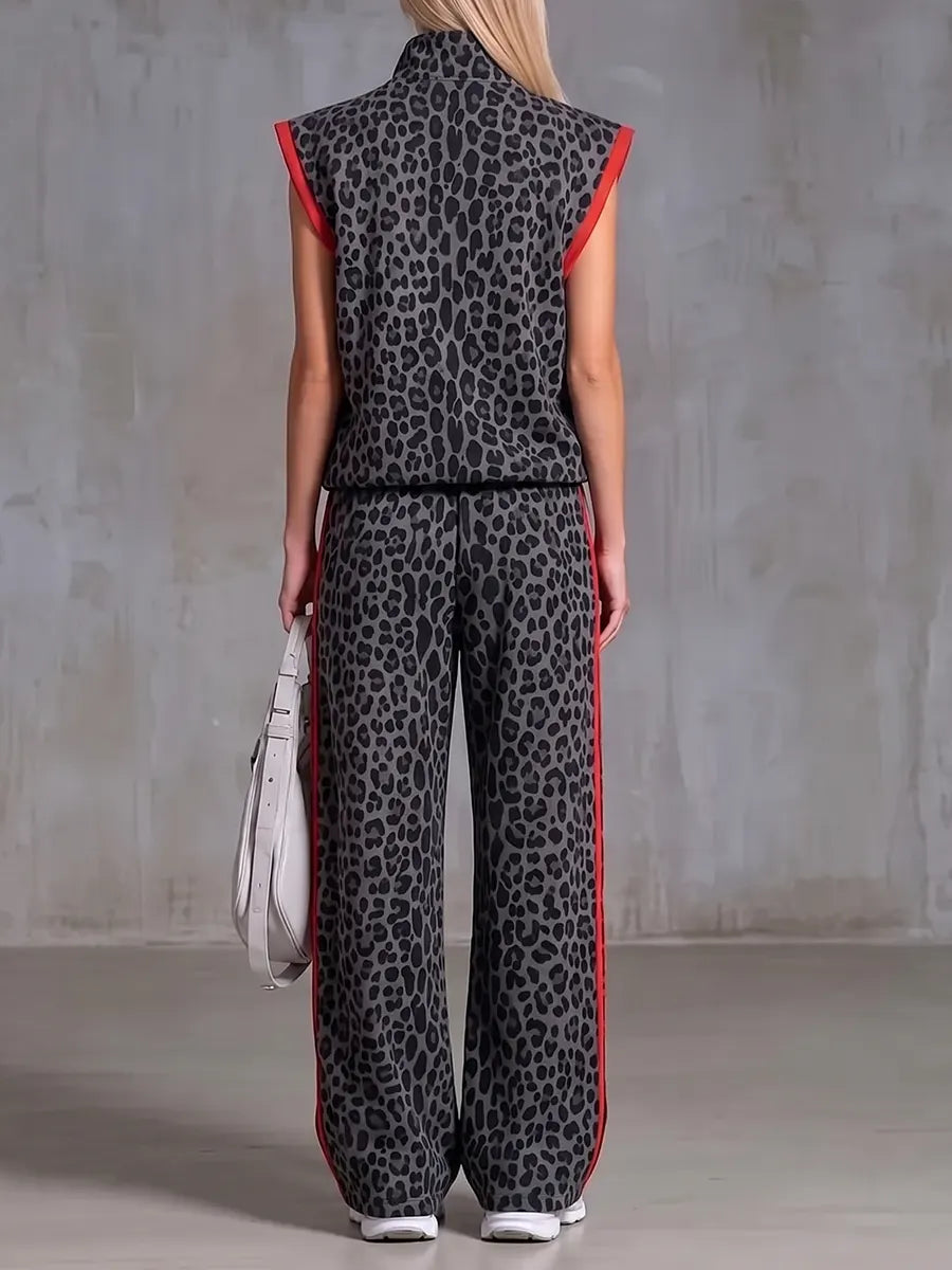 Chic Charcoal Leopard Sleeveless Zip-Up Top & Wide-Leg Track Pants Set