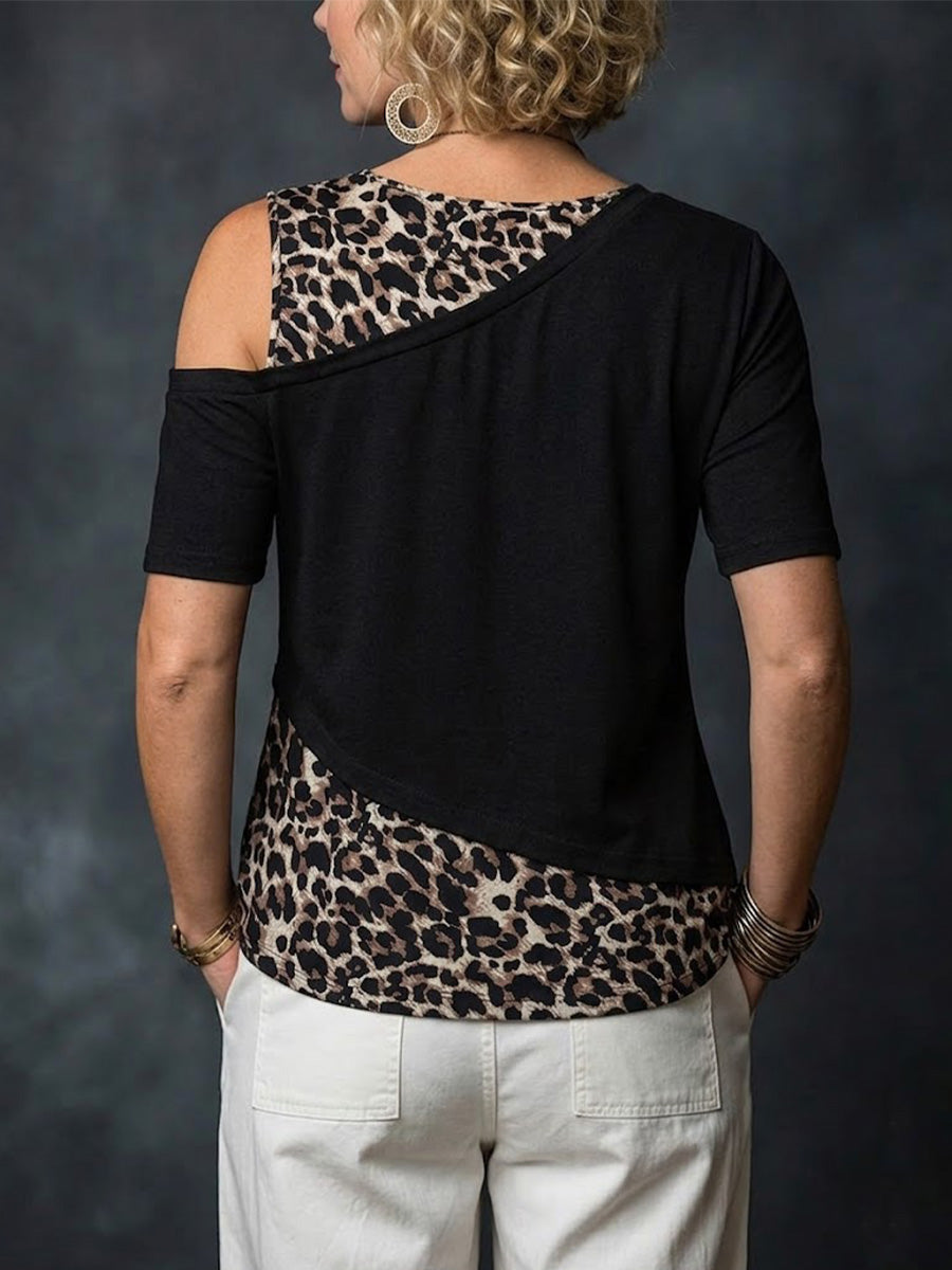 Black-based Leopard Print Color-block Spliced off-shoulder Top With Elbow-length Sleeves, A Round Neck, And An Asymmetrical Faux-layered Design