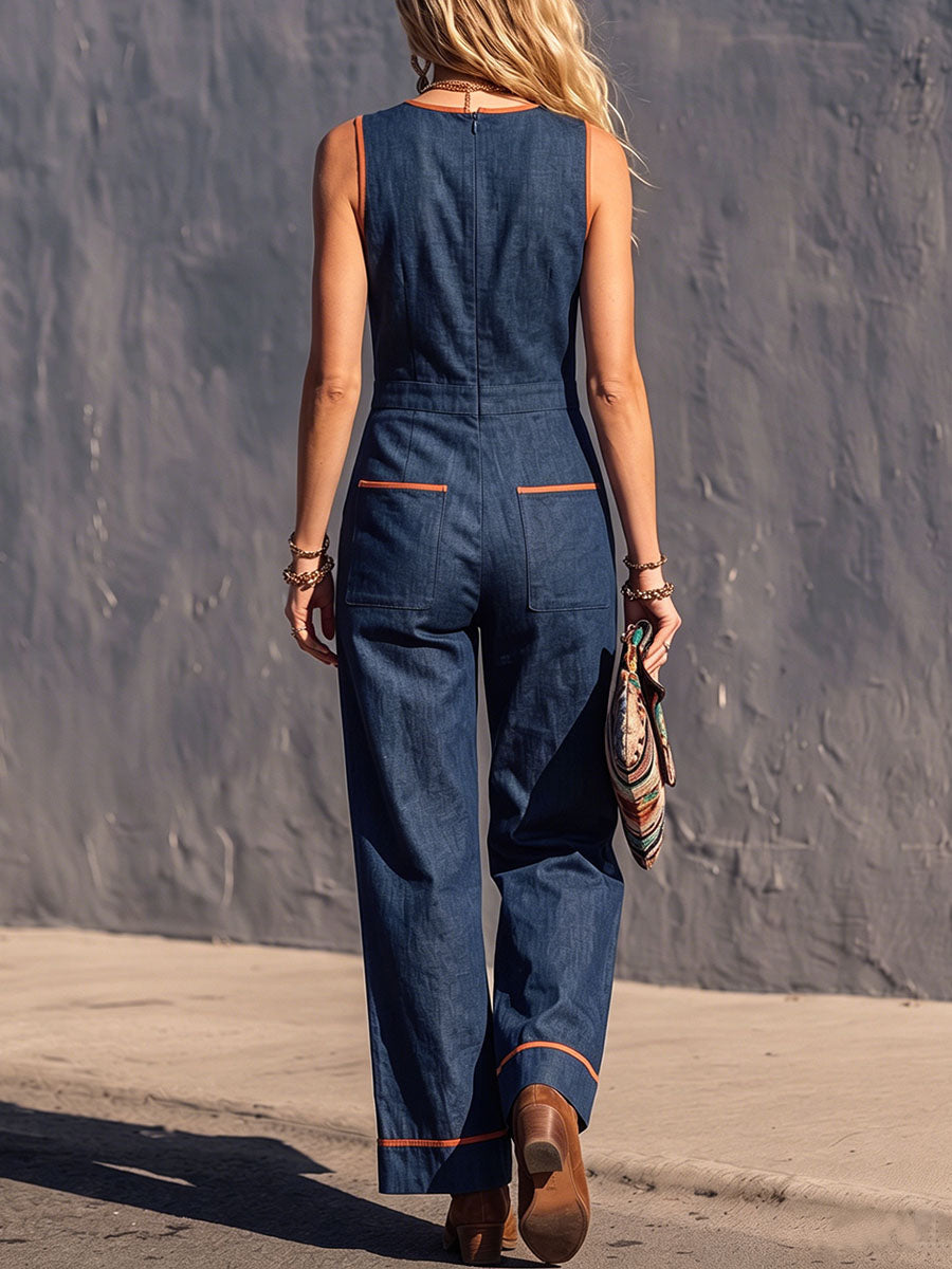 Women's Casual Loose-fit Cotton-linen Jumpsuit With Round Neck And Sleeveless Design