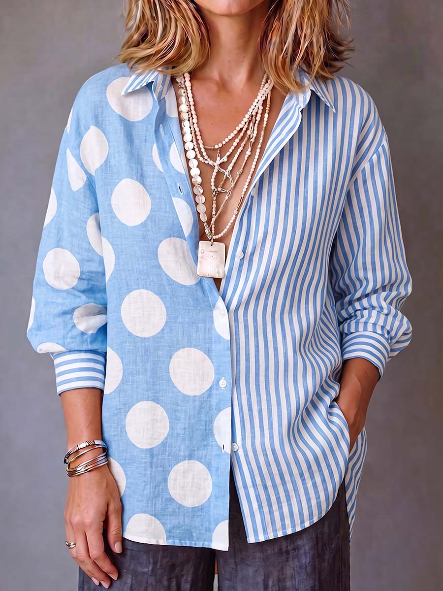 Women's Geometric Print Lapel 3/4sleeve Loose-fit Cotton-linen Cardigan Top