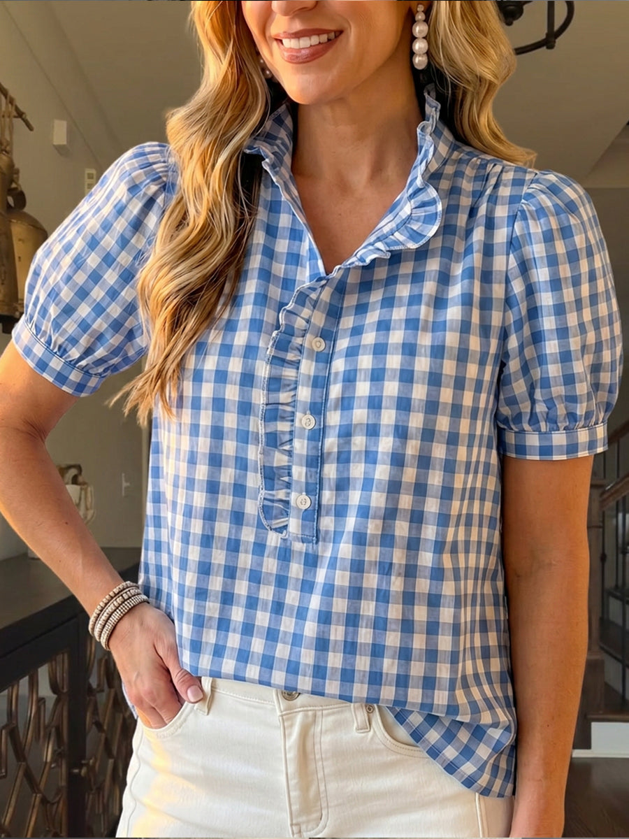 Casual Linen-cotton Plaid Shirt With A Ruffle Collar