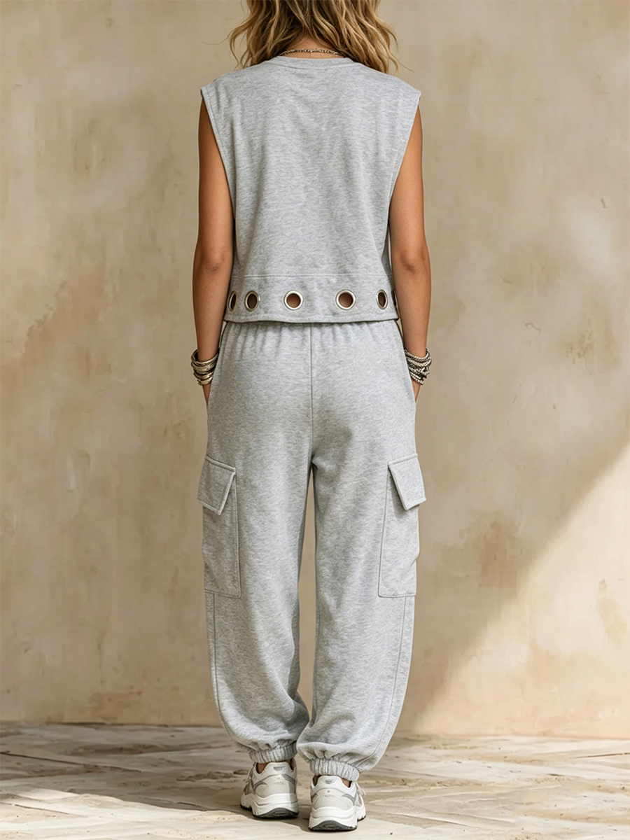 Two-piece Set: Sleeveless Vest With Metal Eyelet Details And Drawstring Utility-style Cuffed Sweatpants