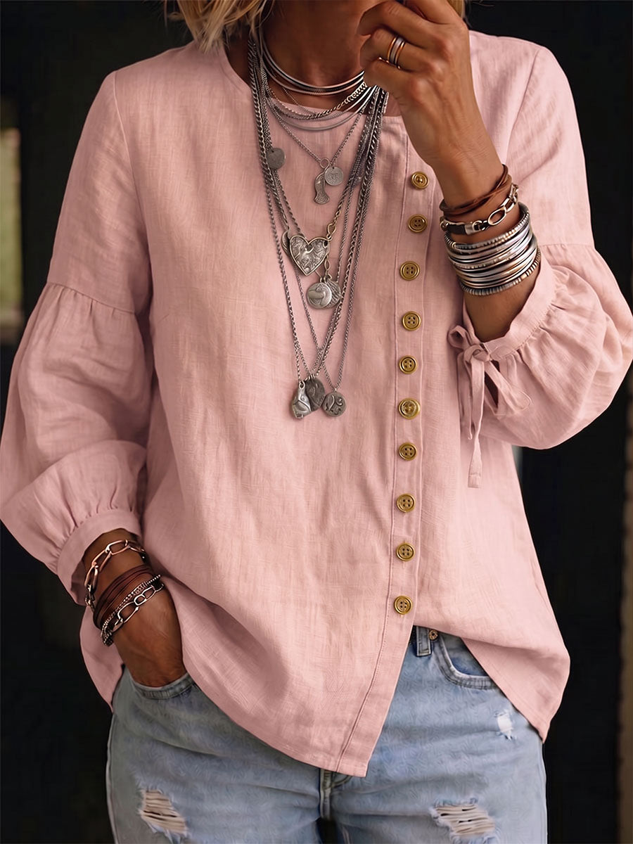 Women's Solid Color Crew Neck Long-sleeve Loose-fit Cotton-linen Casual Top