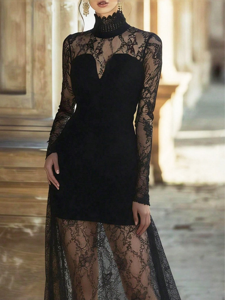 Women's Retro Elegant Lace Floral Sheer Art Casual Long Dress