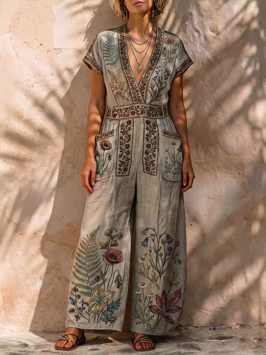 Women's Vintage Placement-print V-neck Short-sleeve Casual Loose Wide-leg Jumpsuit