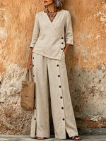 Women's Solid-color Cotton-linen Set: Casual Loose V-neck 3/4-sleeve Top And High-waisted Wide-leg Pants
