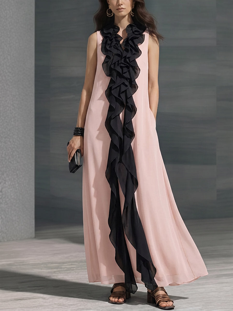 Women's Ruffled V-neck Sleeveless Casual Loose Chiffon Dress