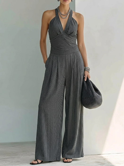 Fine Vertical-stripe Halter V-neck Linen Jumpsuit With Cinched Waist And Wide Legs
