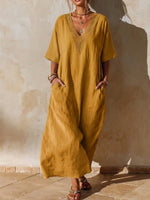 Retro-casual Resort-style V-neck Maxi Dress With Patch Pockets