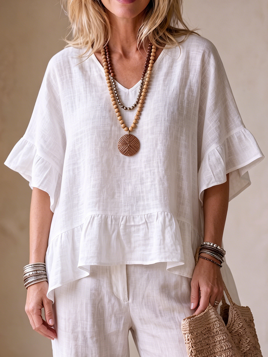 Chic White Linen Ruffle Top