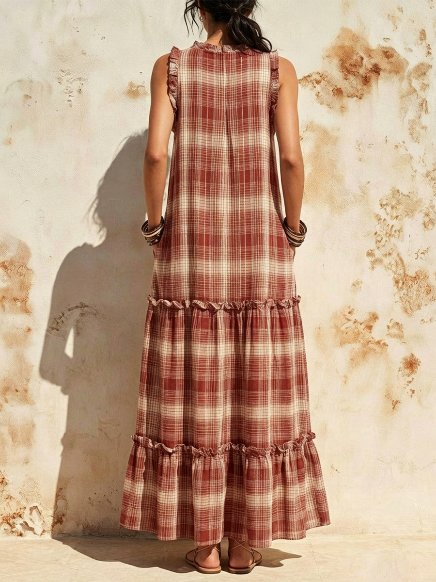 Women's Plaid Pattern Art Ruffled Casual Stylish Cotton Linen Maxi Dress