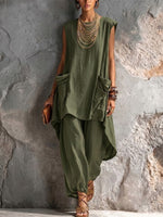 Retro-resort Style Two-piece Set Featuring A Sleeveless Top And High-waisted, Wide-leg, Cuffed-hem Trousers With 3d Side Pockets