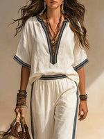 Women's Striped Art Comfortable Casual Top And Pants Cotton Linen Two-piece Set