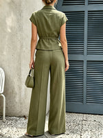 Women's Casual Stylish Lapel Top And Pants Cotton And Linen Two-piece Set