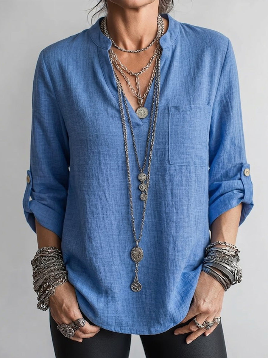 Long-sleeve Linen Top Featuring A Split Mandarin Collar, V-neck, Roll-up Sleeves, And Patch Pockets