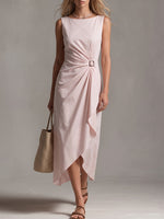 Women's Solid Color Crew Neck Sleeveless Casual Loose Cotton-linen Dress