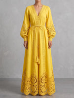 Radiant Yellow V-Neck Macramé Lace Linen Maxi Dress
