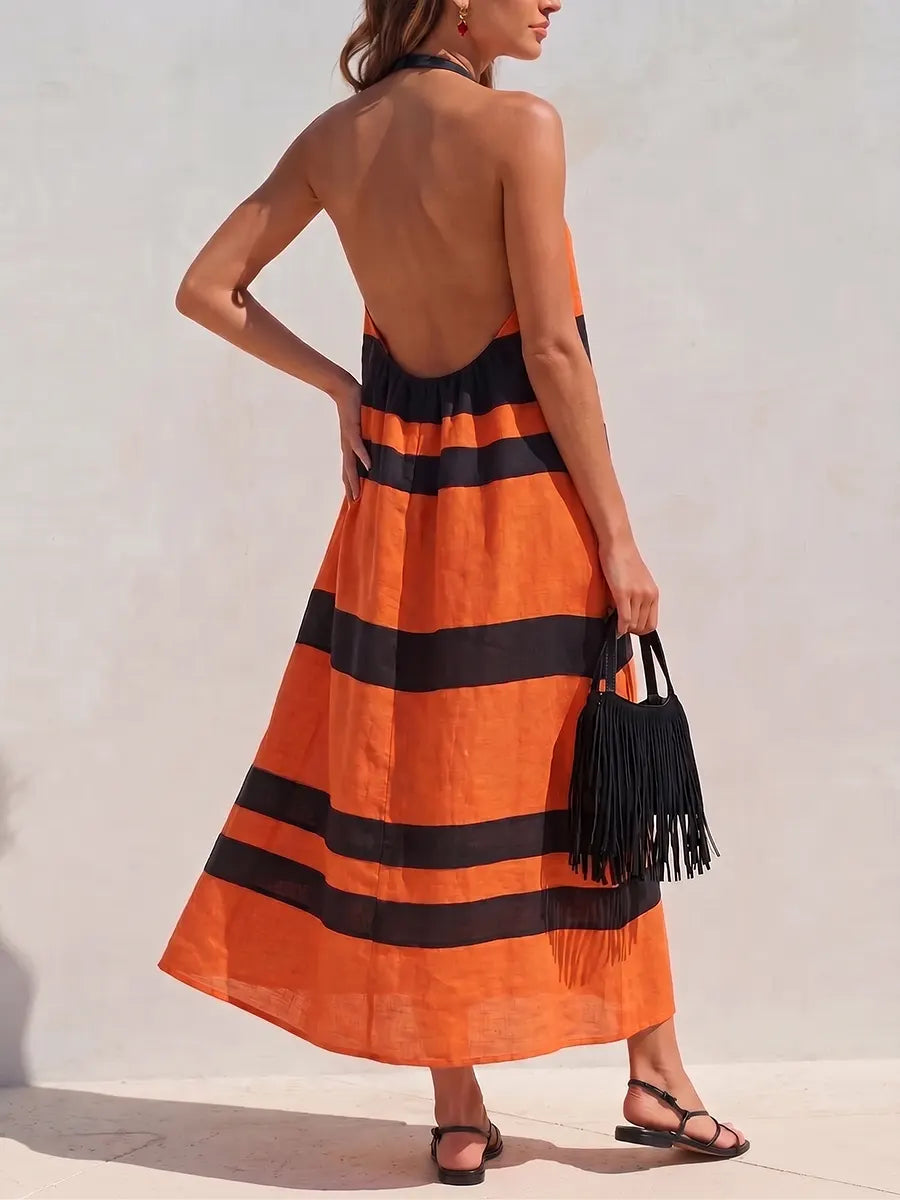 Bold Striped Gathered Halter Cotton Linen Midi Dress