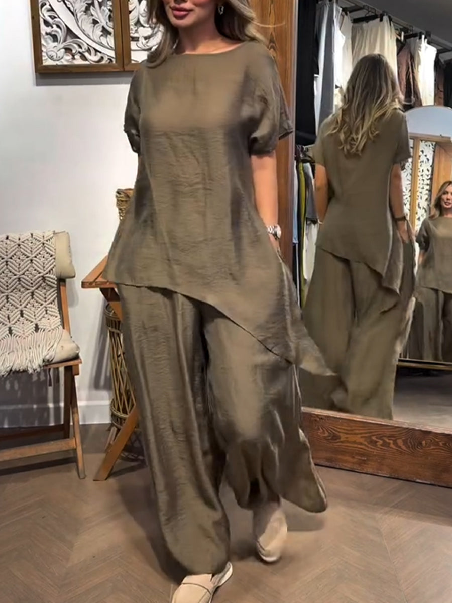 Cozy, Loose-fitting Tencel-cotton Top And Wide-leg Trousers Two-piece Set
