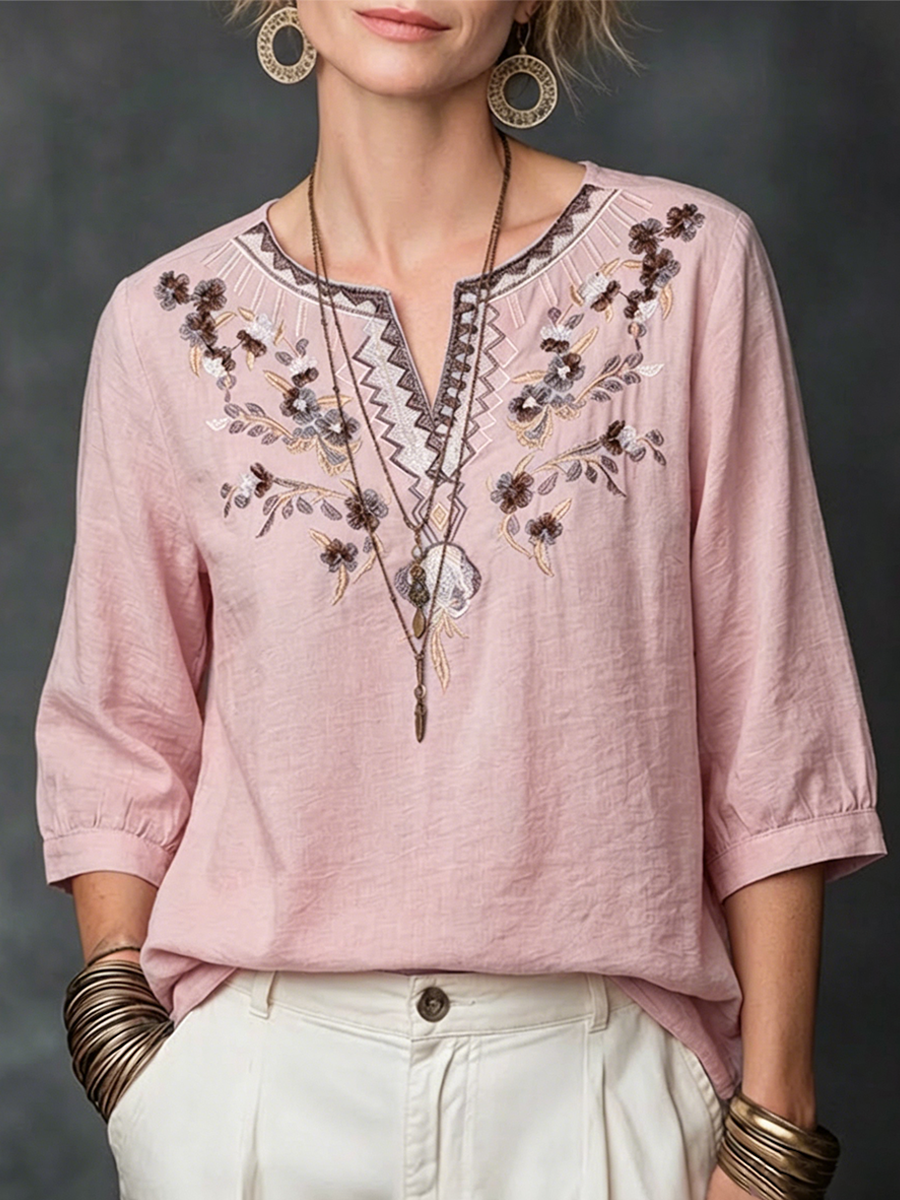 Flower Embroidery V-neck Seven Fold Pleated Sleeve Cotton Linen Blend Top
