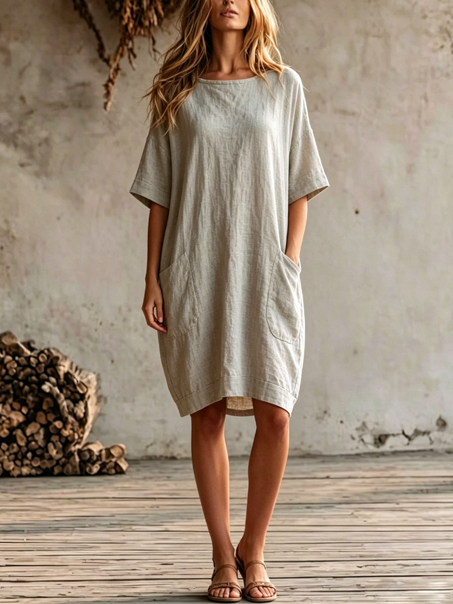 Women's Art Casual Pockets Short Sleeve Cotton Linen Midi Dress
