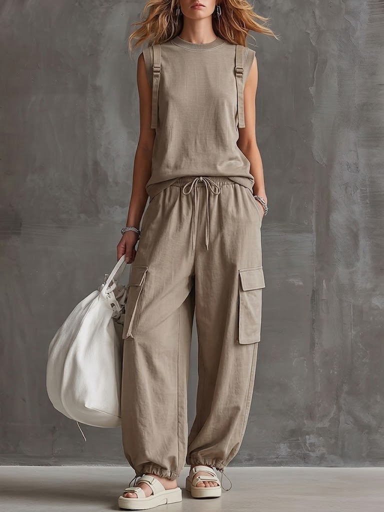 Casual Streetwear Cotton T-shirt And Cargo Pants Two-piece Set