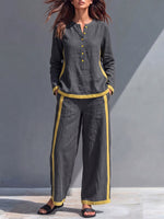Women's Casual Loose Cotton-linen Set: Long-sleeve Crew-neck Top And High-waisted Wide-leg Pants