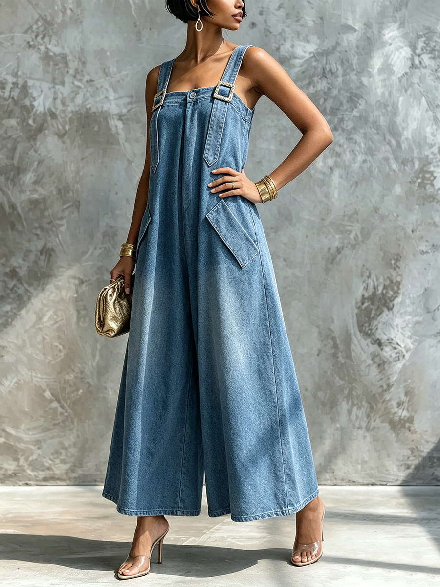 Relaxed Artfully Tailored Lightweight Denim Jumpsuit.