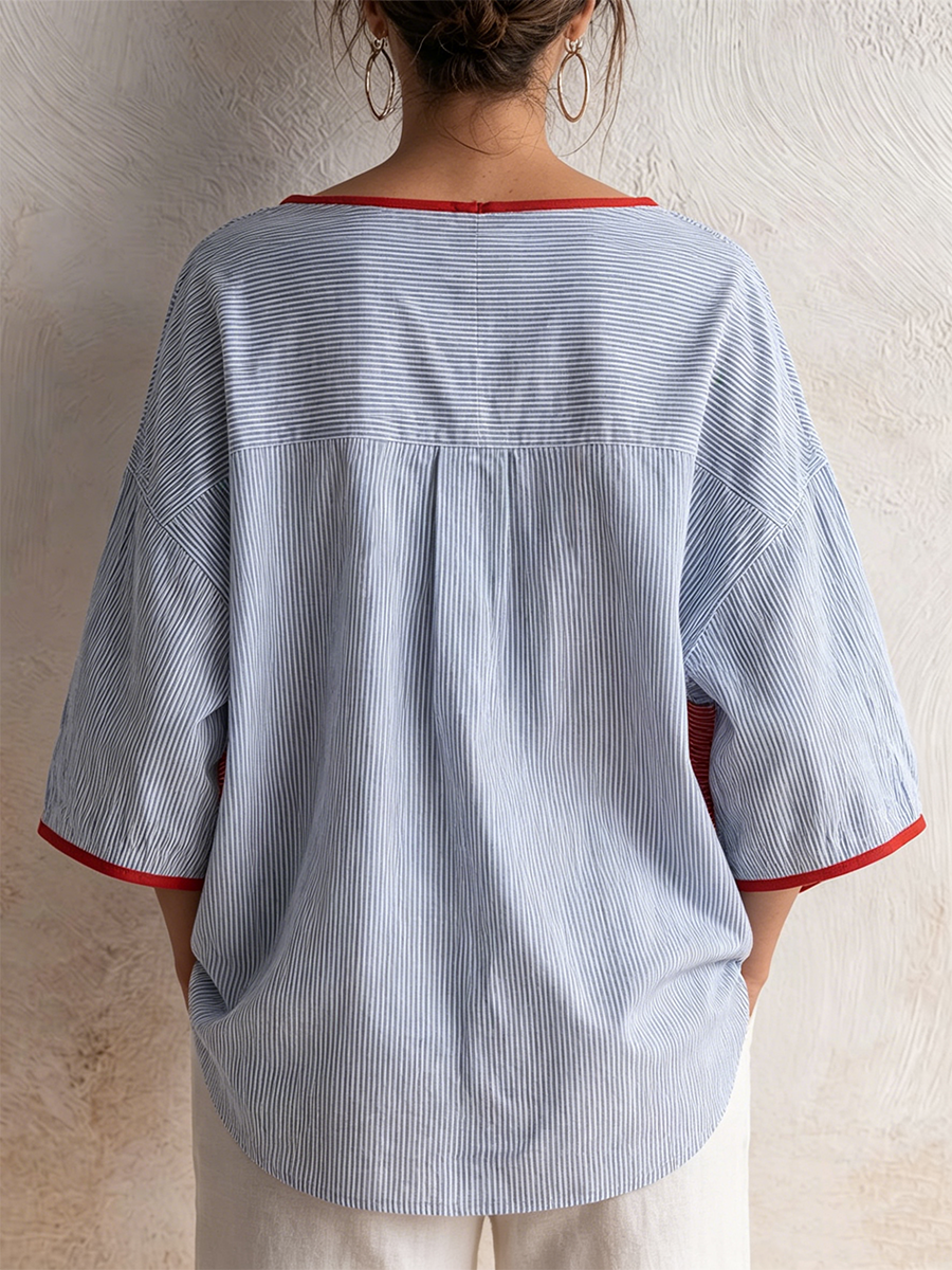Retro Casual Cotton-linen Shirt Featuring Color-blocked Piping, Paneling, Stripes, And Three-quarter Sleeves