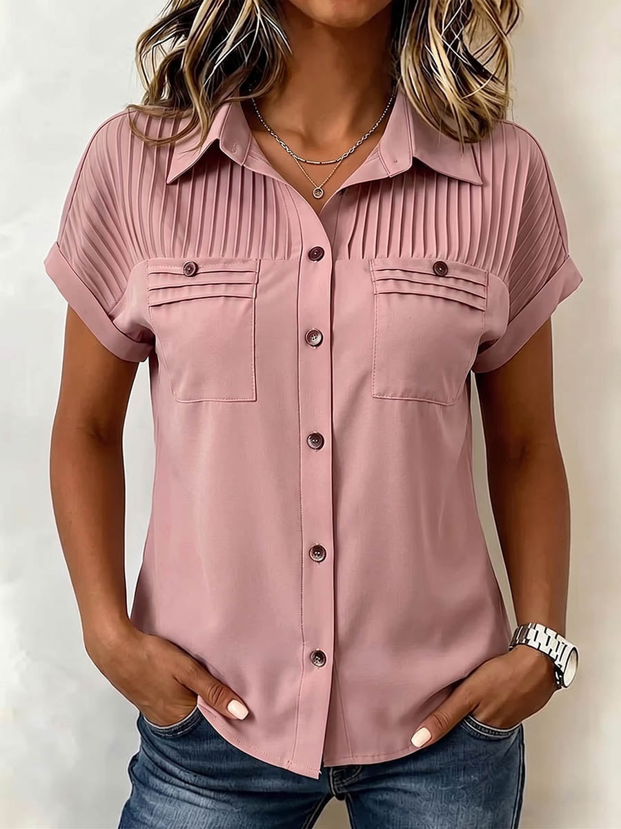 Women's Solid-color Short-sleeve Cotton-linen Shirt With Lapel, Pleated Detail, And Loose Casual Fit