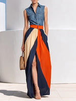 Striking Denim & Color-blocked Chiffon Maxi Look