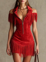 Women's Retro Hot Off-shoulder Fringe Art Zip Casual Short Dress