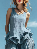 Women's Ruffle Hem Art Casual Stylish Sleeveless Cotton Linen Shirt