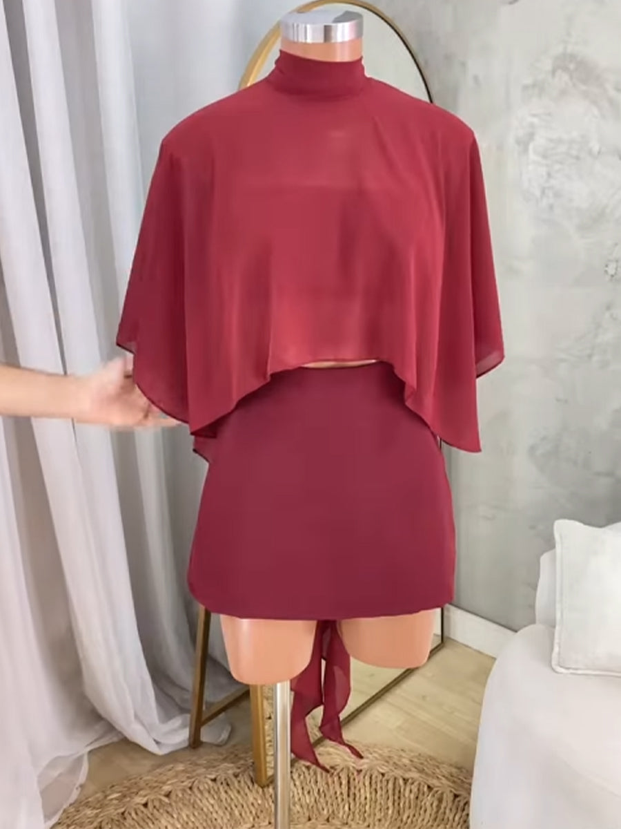 Stylish Casual Three-piece Set: Chiffon Top, Bandeau, And Mini Skort.